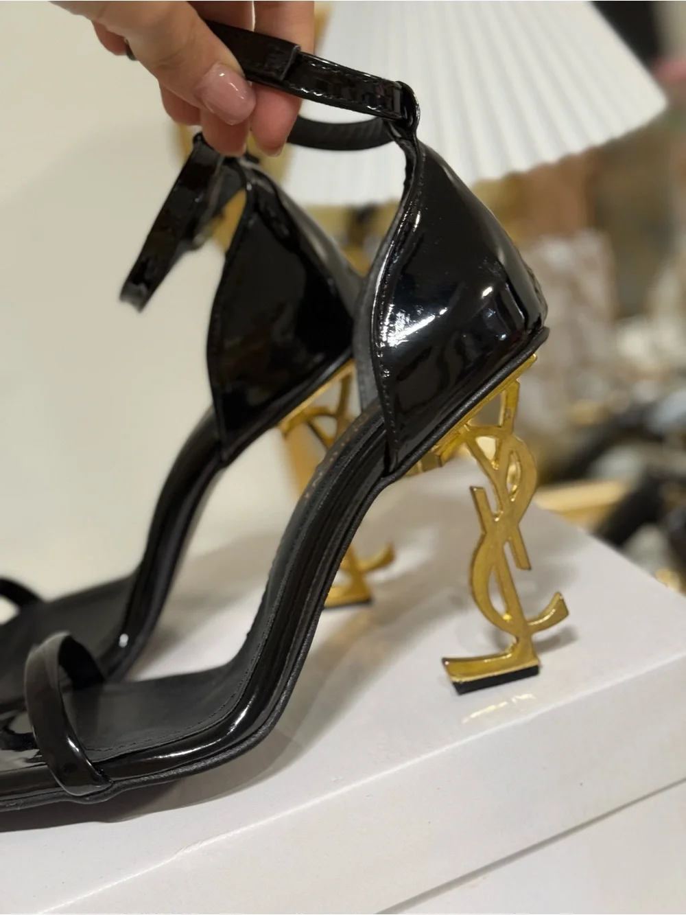 Saint Laurent Black Patent Opyum Ankle-Strap Heels with Gold YSL Heel - Picture 2 of 5